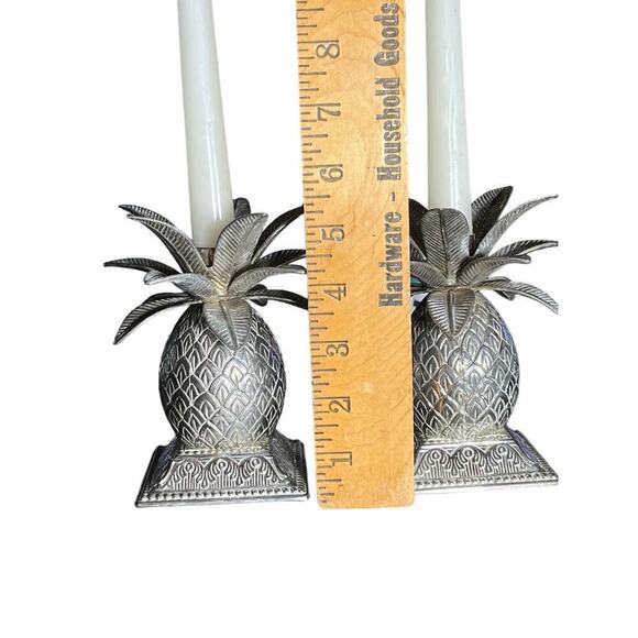 Godinger Pair Silver Plated Tropical Pineapple Leaf Candle Holders. Beachy.Decor - Picture 4 of 5